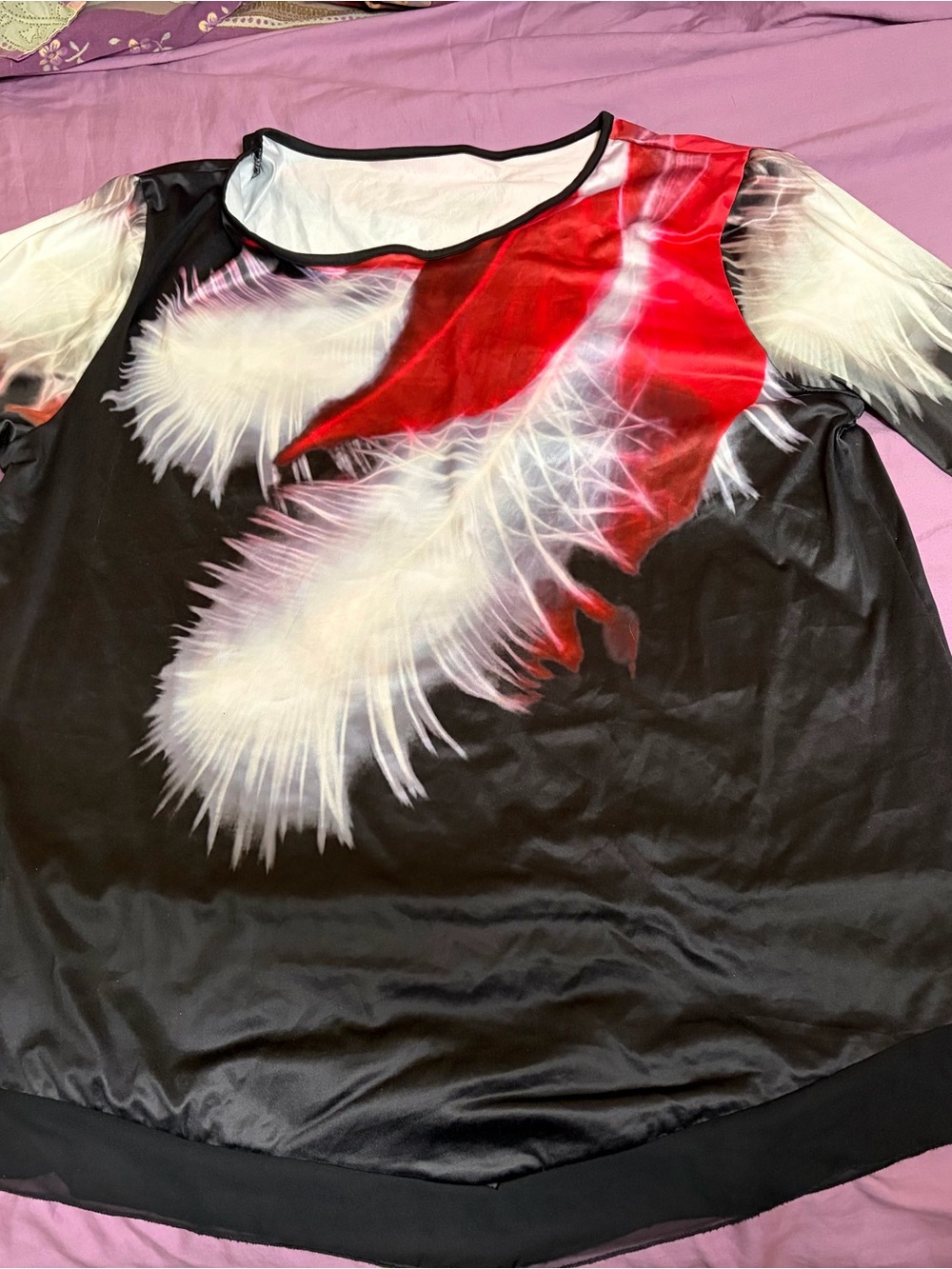 Source Unknown Black Top with Red & White Feather Motif
